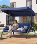 Outdoor Porch Swing With Stand And Canopy For Three Seats Adults Convertible 2 In 1 Swing Bed with woman and cat in garden