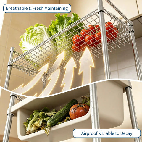 Rock Solid 4 Tier Adjustable Wire Storage Rack Heavy Duty Steel Industrial Shelving with fresh vegetables on display.