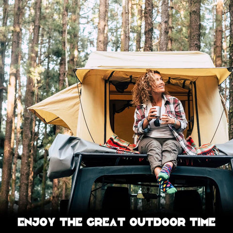 Person sitting in rooftop tent with Rooftop Tent Mounting Hardware Kit 28 Pcs With Flat Mending Plates in forest setting