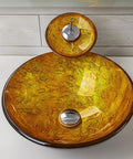 USZWBY Bathroom Vessel Sink,Tempered Glass Yellow Art Basin Round Bowl, 16.5" Bathroom Sinks with Waterfall Faucet and Pop Up Drain,Countertop Installation on a white countertop.