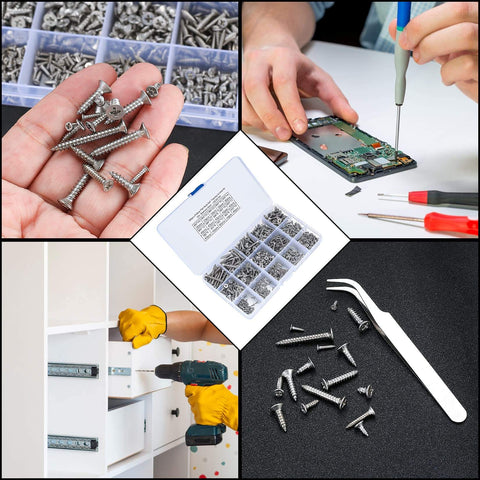 595 Pcs Self Tapping Screws Assortment Kit With Flat Head Phillips Drive For Wood And Metal, M2 M3 M4 stainless steel screws in use