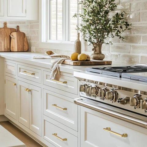 Modern kitchen with Champagne Bronze Cabinet Knobs 10 Pack Modern Gold Pulls on white cabinets and drawers