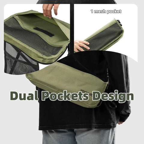 Extra Tall Portable Folding Stool For Adults With 16 Inch Carry Bag, showcasing green dual pockets and mesh pocket design.