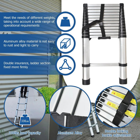 12.5 Foot Telescoping Aluminum Ladder With One Button Retraction Collapsible Extension Ladder for Indoor and Outdoor Use Lightweight Rust Resistant Easy To Carry And No Fuss Setup on display with features highlighted.