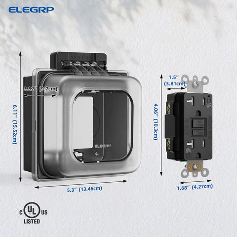 Heavy Duty Outdoor GFCI Outlets 20 Amp With Badass Weatherproof In Use Covers And Self Testing Safety Tech For Patios And Decks Rock Solid Tamper Resistant Build UL Listed Black Receptacles with dimensions.