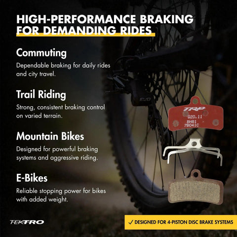 Performance Semi Metallic 4 Piston Bicycle Brake Pads Set For All 4 Piston Calipers With Caliper Spring Included, one pair for trails