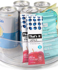 Clear Round Lazy Susan Turntable for Kitchen Storage, 9 Inch Spin Organizer with snacks and cans visible, use for pantry storage