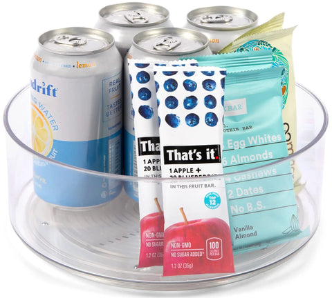 Clear Round Lazy Susan Turntable for Kitchen Storage, 9 Inch Spin Organizer with snacks and cans visible, use for pantry storage