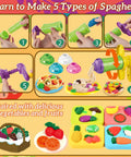 Kids 31 Piece Dough Tools Set With Rolling Pins Spaghetti Maker Machine showcasing various pasta shapes and food molds.