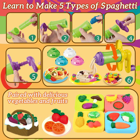 Kids 31 Piece Dough Tools Set With Rolling Pins Spaghetti Maker Machine showcasing various pasta shapes and food molds.