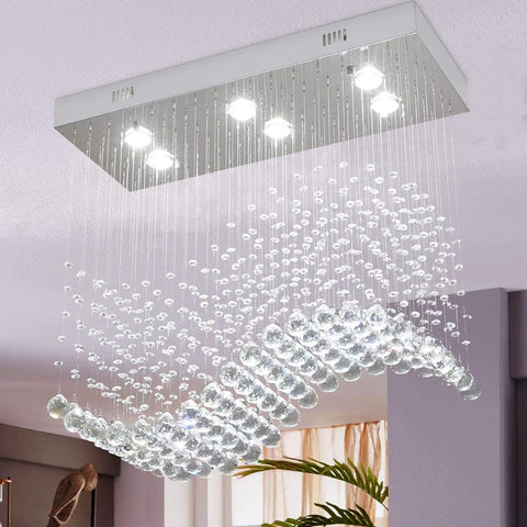 Modern K9 Crystal Raindrop Chandelier Rectangular Flush Mount For Kitchen Island And Dining Room Stunning Wave Pendant Light