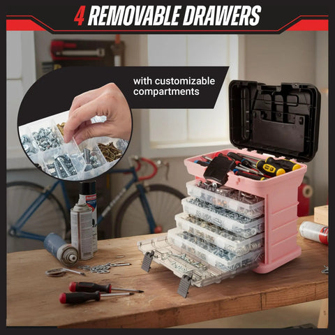 Pink Tool Box Organizer With Removable Compartments for Crafts Beads Screws and Small Tools on a workbench