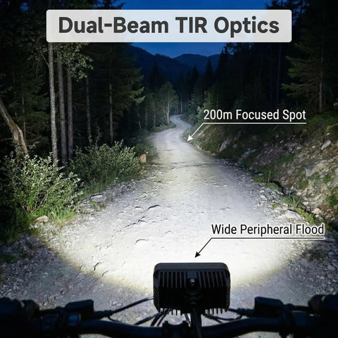 Ride-Ready Plug And Play LED Headlight Kit for Ebikes and Powersports illuminating forest path at night