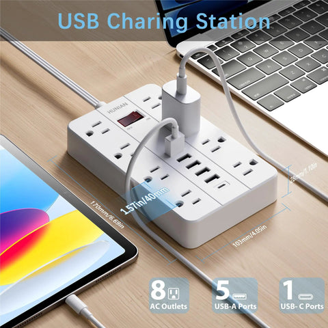 Flat Plug Power Strip With USB Charging Ports, 8 Widely Spaced Outlets And 6 USB Ports Including 1 USB C Port, 5 Foot Extension Cord, Desk Charging Station For Home Office And Gaming Setups, White on wooden desk with laptop and tablet