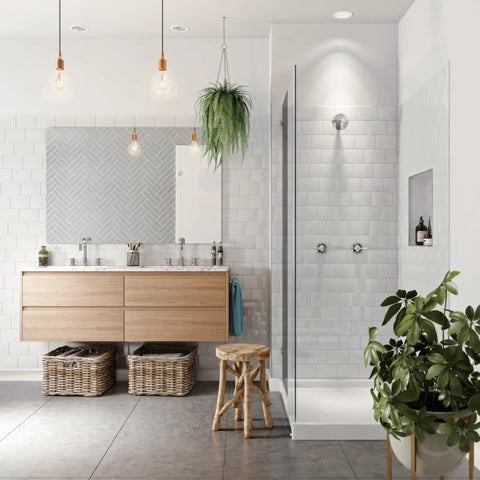 Pure 7 Setting Filtered Showerhead with 1.75 GPM WaterSense in a modern bathroom, brushed nickel finish.