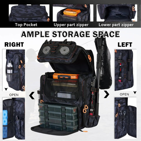 Fishing Backpack With Rod Holders And 42L Capacity, 900D Water-Resistant Oxford Tackle Bag with open compartments