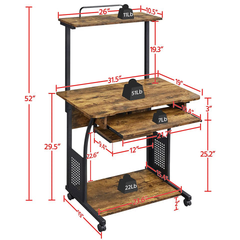 3 Tier Rolling Computer Desk With Keyboard Tray And Printer Shelf For Small Spaces Rustic Brown Mobile Home Office Workstation