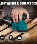 Top Shelf Palm Sander Delivering Knockout 12000 RPM detail sanding performance for wood and metal projects in use on wooden planks.