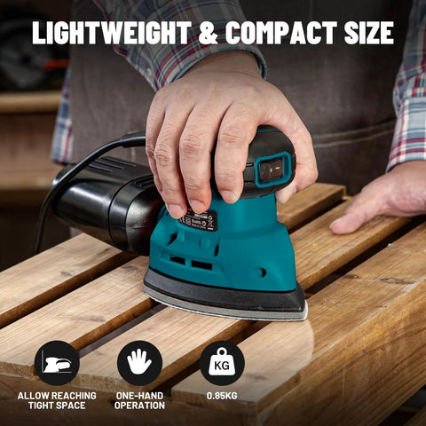 Top Shelf Palm Sander Delivering Knockout 12000 RPM detail sanding performance for wood and metal projects in use on wooden planks.