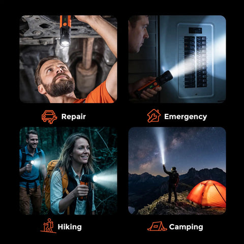 Rechargeable LED Flashlight With Zoomable Head and 180 Degree Swivel in use during repair, emergency, hiking, and camping scenes