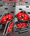 Heavy Duty Welding Magnet Set 4 Pack With 2 25Lb And 2 50Lb Magnets Arrow Holders on a metal surface