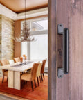 9 Inch Black Metal Barn Door Pull Handle For Sliding Doors Gates And Garages Heavy Duty Exterior And Interior Use Installed on Wooden Door