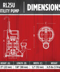 Dimensions of Heavy Duty 115 Volt One Quarter HP Aluminum Utility Pump With 1500 GPH Flow, specifications detailed.