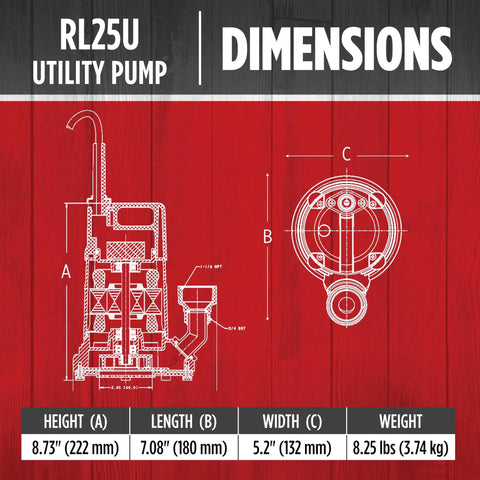Dimensions of Heavy Duty 115 Volt One Quarter HP Aluminum Utility Pump With 1500 GPH Flow, specifications detailed.