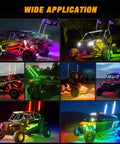 ATVs with Lit 3Ft RGB LED Whip Light And Four Pack Rock Lights Kit demonstrating wide application at night