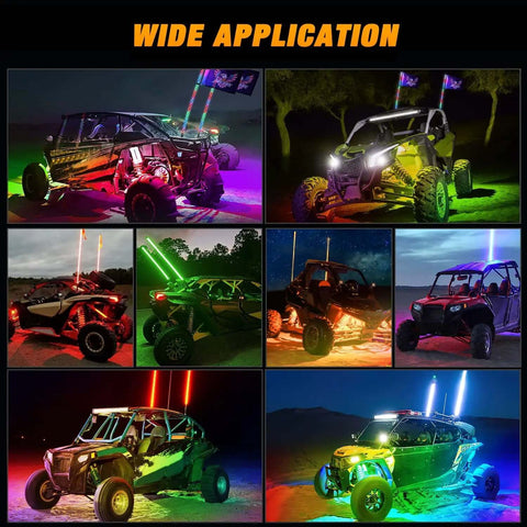 ATVs with Lit 3Ft RGB LED Whip Light And Four Pack Rock Lights Kit demonstrating wide application at night