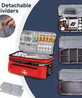 Red medicine organizer bag with double layer design for home and travel, zippered first aid kit showing compartments and dividers
