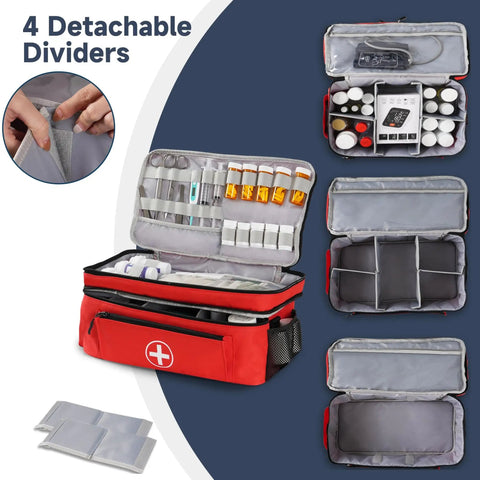 Red medicine organizer bag with double layer design for home and travel, zippered first aid kit showing compartments and dividers