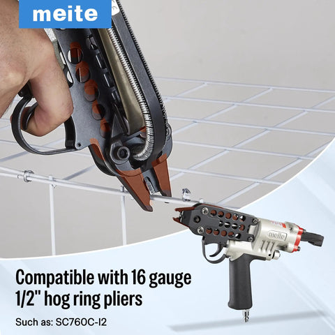 Top Tier 16 Gauge Galvanized Hog Rings And Half Inch C Ring Staples For Bag Sealing Fence Building Upholstery Work Dog Kennel Setup Drywall Hardware Solid Steel Tacks 18K Bundle Sweet Pick That Gonna Nail Any Rough Job. Image of 16 gauge hog ring pliers in use.