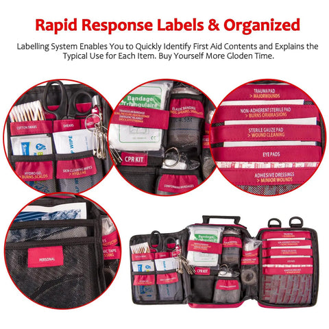 Grab and Go First Aid Kit With Rapid Response Labeled Compartments compact emergency kit open showing organized contents