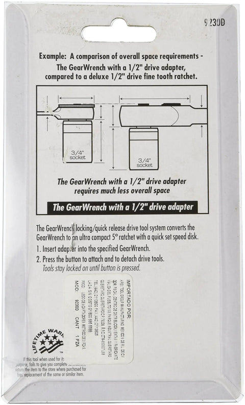 Back packaging of Metric Ratcheting Wrench To Square Drive Adapter Set with diagrams and instructions.