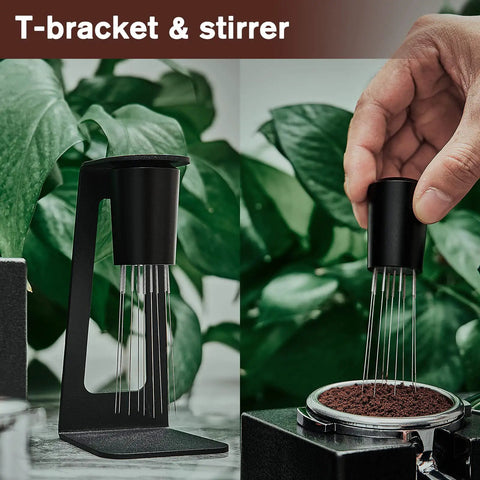 Espresso Distribution Tool With 9 Needles For WDT Stirring on stand, demonstrating use with coffee powder.