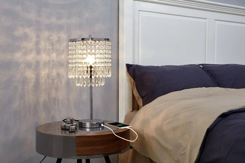 Crystal Table Lamp With Touch Control And USB Ports 3 Way Dimmable Glam Desk Light In Silver Finish For Bedroom Or Living Room