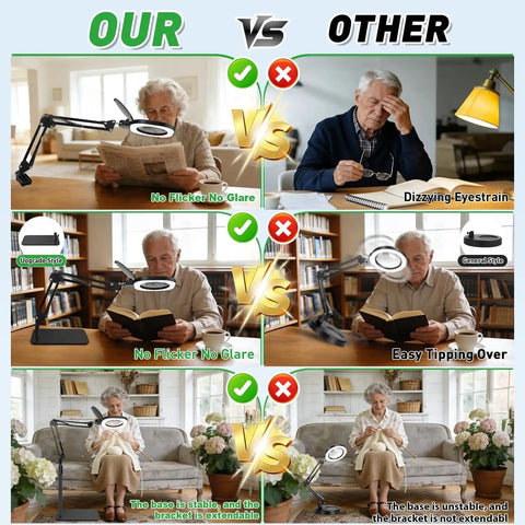 Comparison of real glass magnifying desk lamp with 3-in-1 LED lighting vs other lamp with glare and instability issues.