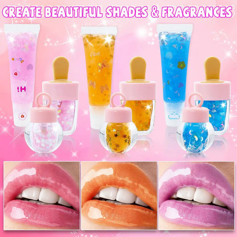 DIY Lip Gloss Making Kit 74 Piece Pink Craft Set For Beginners with colorful lip glosses and shades on display