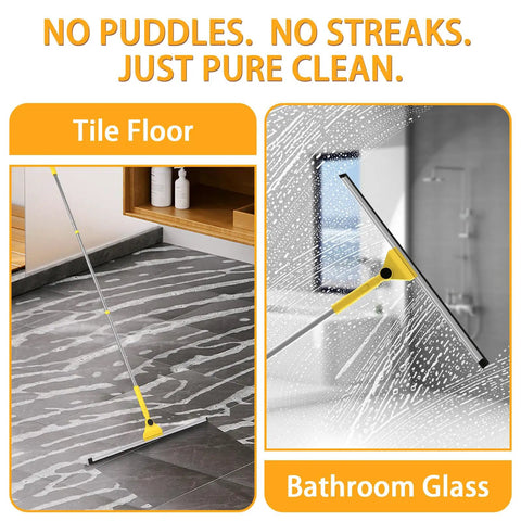 Multi Purpose V Shaped Grout Brush And Floor Squeegee Set With 16.9 Inch Long Handles in use on tile floor and bathroom glass