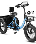 Dope Electric Trike For Adults With 998.4Wh Long Range Battery, 1200W Peak Motor, Foldable Three-Wheel Frame, Butterfly Handlebar For Upright Comfort, 20x4.0 Fat Tires, Storage Bags, Blue, side view with front basket and rear cargo bag