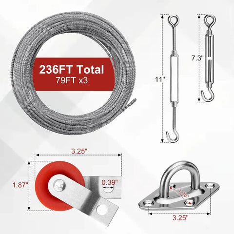 Components of 55Ft Batting Cage Cable Kit For Heavy Duty Baseball And Softball Nets with dimensions and features shown.