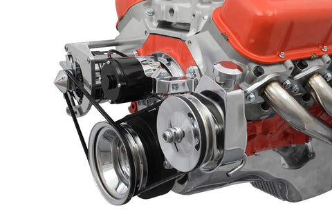Beefy Big Block Chevy BBC Alternator And Power Steering Pump Bracket Kit For Electric Water Pump on engine close-up