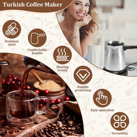 Electric Turkish Coffee Pot With Stainless Steel Build 110V For 5 To 6 Cups, Cool Touch Handle, Greek Arabic Coffee Maker