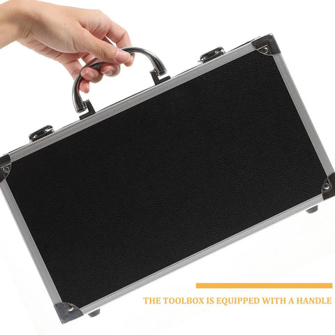 Kickass Aluminum Toolbox Carrying Case With Grip Handle showing sleek black exterior and sturdy handle for easy transport.