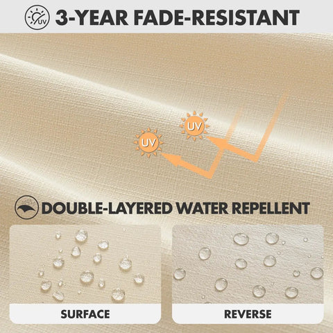 3-year fade-resistant fabric with waterproof surface of Beige 24x24 Outdoor Chair Cushions For Patio Furniture With Linen Textured Waterproof Fabric, Ties And No Slip Design, 3 Year Fade Resistant Color For Seat And Back Cushions, Cushions That Stay Put And Look Fresh.