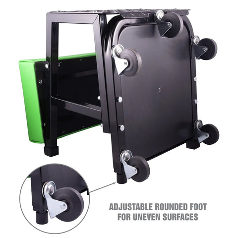 Underside view of 2 In 1 Mechanic Stool And Step Stool With Rolling Seat Adjustable Height Thick Padded Vinyl Cushion 300 lb Capacity