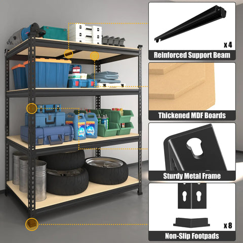 Garage Shelving Unit 40 Inch Wide 20 Inch Deep 59 Inch High 4 Tier Steel Storage Shelves Black with MDF boards in a garage