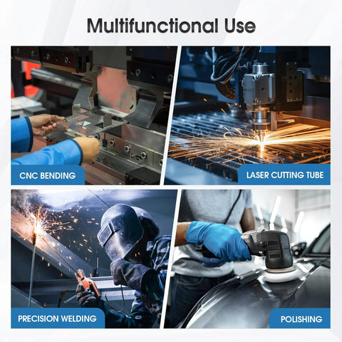 Collage image of CNC bending, laser cutting, precision welding, and polishing in industrial settings.