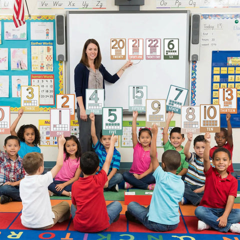 Teacher using Boho Number Card Set For Classroom 0 To 25 26 Pieces Math Poster Wall Chart For Preschool And Kindergarten.